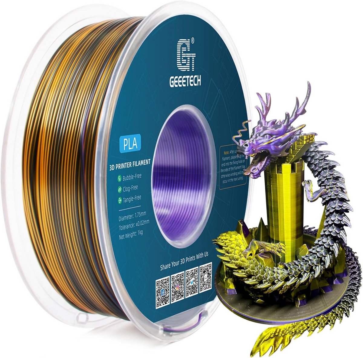 3D-Printerfilament Zijdemat PLA 1.75mm - Tricolor Paars Goud Zwart - 1kg Spoel