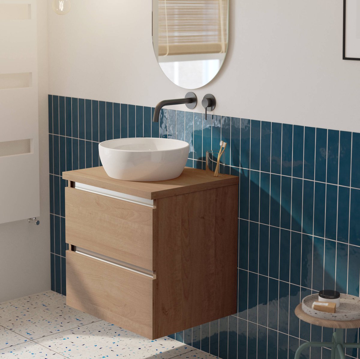 Saqu Gaia badmeubel incl. keramische waskom 60x51x76cm toffee – aluminium greeplijst