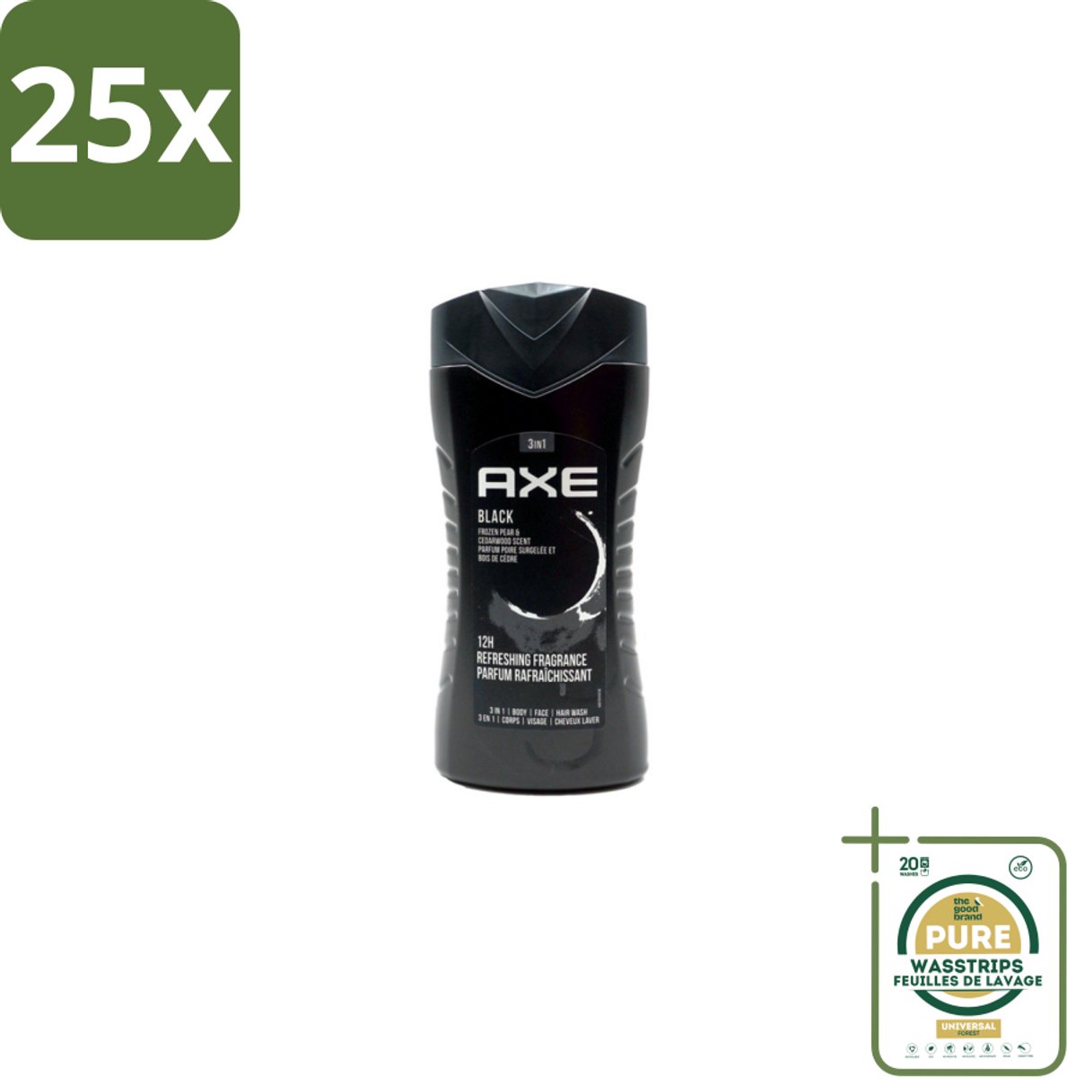 25 x Axe – Douchegel – Black – Houtachtig & Fris - 250 ml - Grootverpakking - Douchegel - Frisheid - Mannelijke Geur - Cederhout - Peer