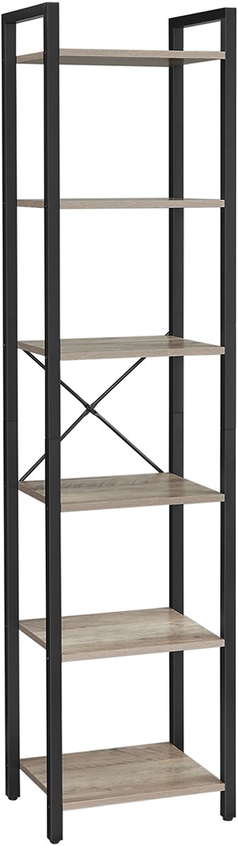 Opbergrek met 6 lagen – Hout – Grijsbeige – Veelzijdig voor woonkamer, thuiskantoor en studeerkamer