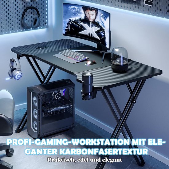 Ergonomisch Gaming Bureau met Koolstofvezel Oppervlak, Bekerhouder en Headsethaak van Merkloos — afbeelding 5
