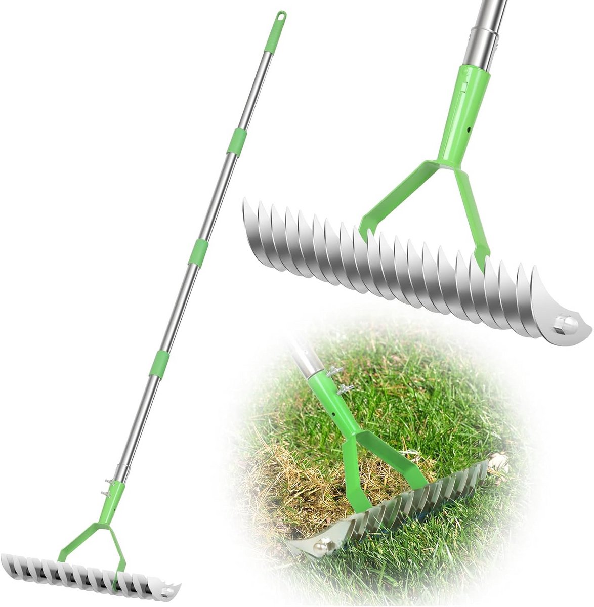 Wicker Rake Lawn Dethatcher Rake for Lawn Double-Sided Wicker Rake, Efficient Steel Metal Dethatcher Rake with 67.2 Inch Stainless Steel Handle, Lawn Grass Rake for Garden, Garden