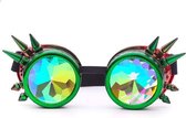 KIMU Goggles Steampunk Bril Met Spikes - Groen Rood Montuur - Caleidoscoop Glazen - Olie Spacebril Space Caleidoscope - Natural High - Cannabis Festival