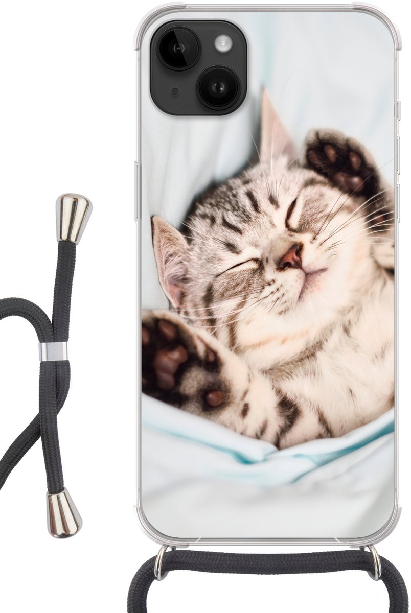 Telefoonhoesje Geschikt voor Apple Iphone 14 Max - Kitten - Grappig - Bed - Kinderen - Jongens - Meisjes - Kids - Siliconen - Crossbody - Backcover met Koord - Telefoonhoesje met koord - Hoesje met touw Telefoonhoesje