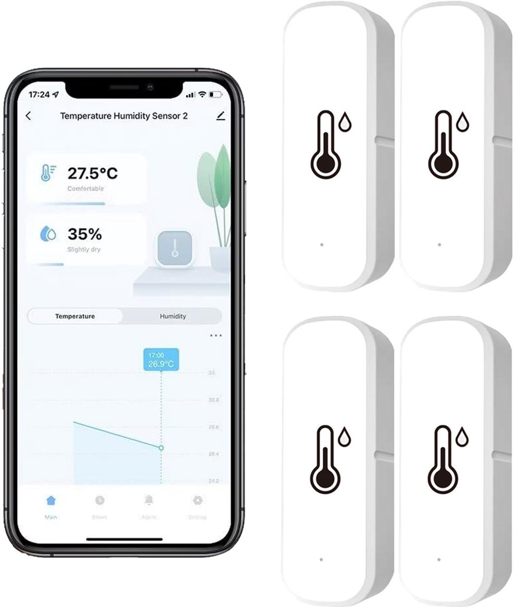 4-pack WiFi-hygrometer-thermometersensor - Draadloze Binnen- En Buitentemperatuur-vochtigheidssensor Met App-melding Op Afstand Voor Kaswijnkelders