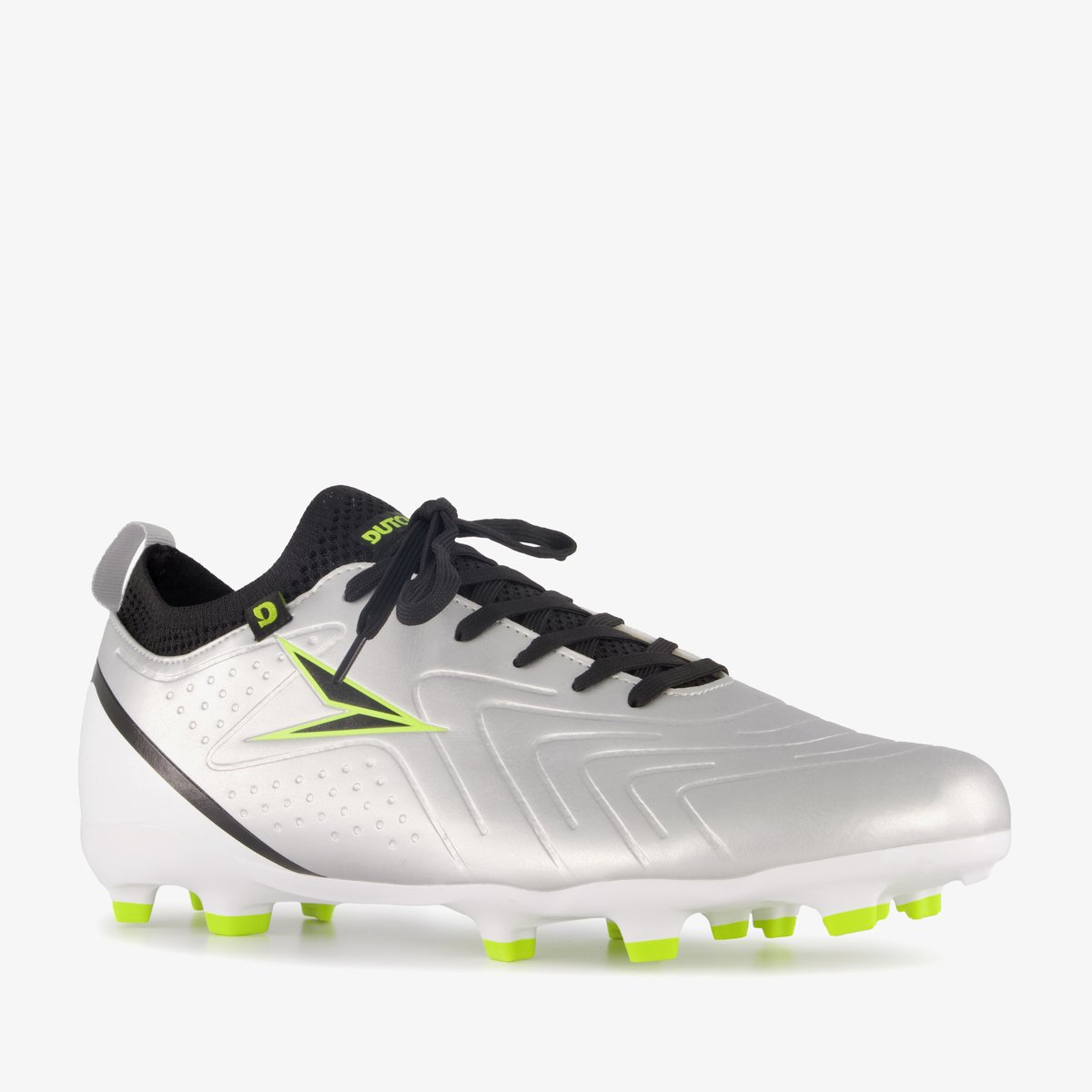 Zilverkleurige Dutchy FG voetbalschoenen voor heren, maat 44, met uitneembare zool en rubberen Firm Ground zool voor grip.