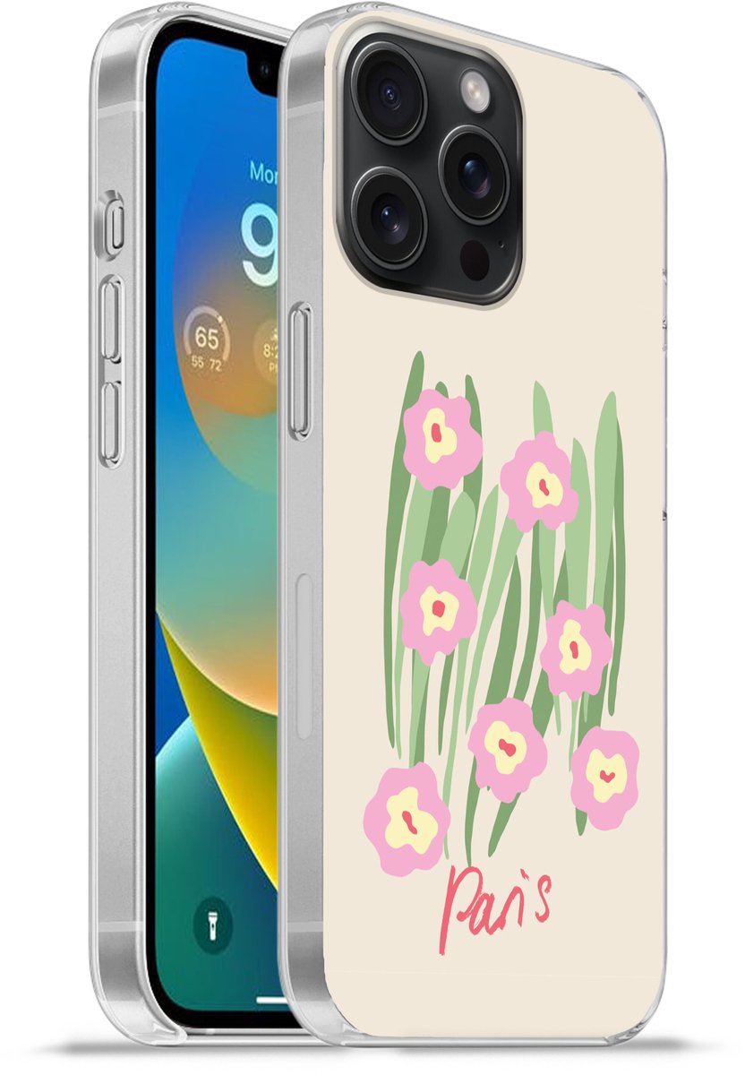 Telefoonhoesje Geschikt voor iPhone 15 Pro Max hoesje - Bloem - Roze - Gras - Siliconen Telefoonhoesje Telefoonhoesje