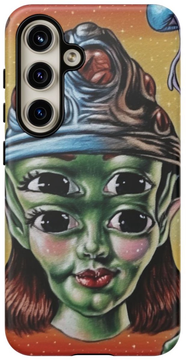Vierogige Alien met Kosmische Elementen – Telefoonhoesje Geschikt voor Samsung Galaxy S24