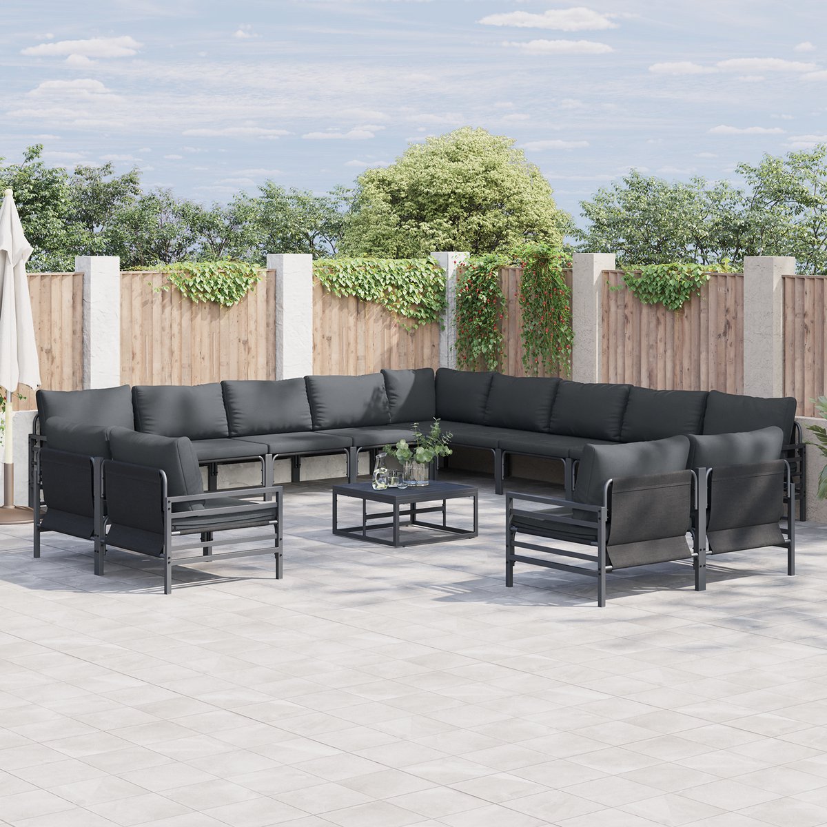 vidaXL - Tuinbank - Set - met - kussen - 14 - pcs - Zwart - Staal
