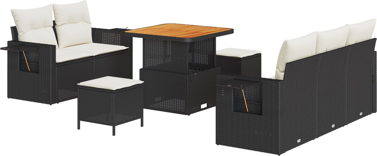 vidaXL - Tuinbank - Set - met - kussen - 8 - pcs - Zwart - poly - rattan