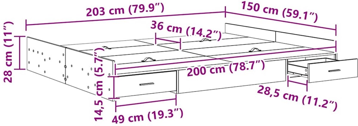 vidaXL - Opbergbedframe - met - lade - Artisan - Eiken - 150 - x - 200 - cm - Bewerkt - ho