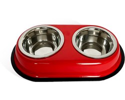 Dubbele voerbak, 2 x 400 ml roestvrijstalen kommen, voerbak, antislipbodem, zwart (rood)