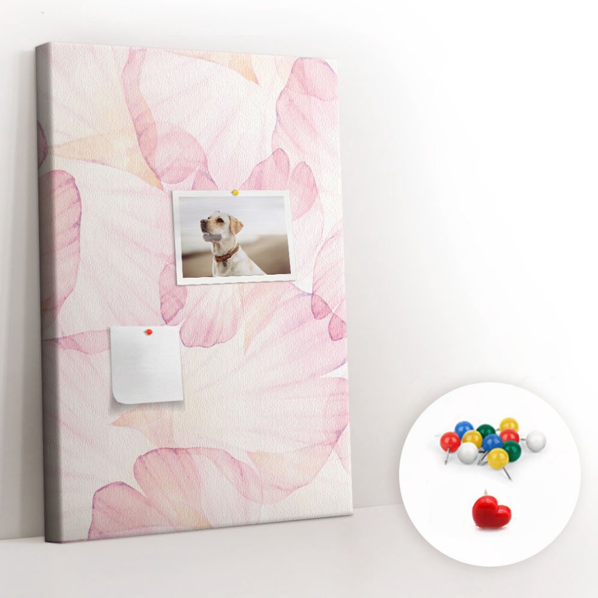 Tulup Prikbord - Bloemblaadjes Kurk Bedrukken - 40 cm x 60 cm - Roze Prikbord - Kleurrijke Pinnen - Prikbord Van Kurk - Kurkbord Voor Kantoor - Kurk Prikbord - Minimalistisch Kurkbord - Memo Kurkbord
