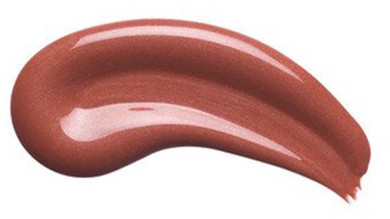 Een glanzende, roestbruine lipstick swatch met metallic glans.