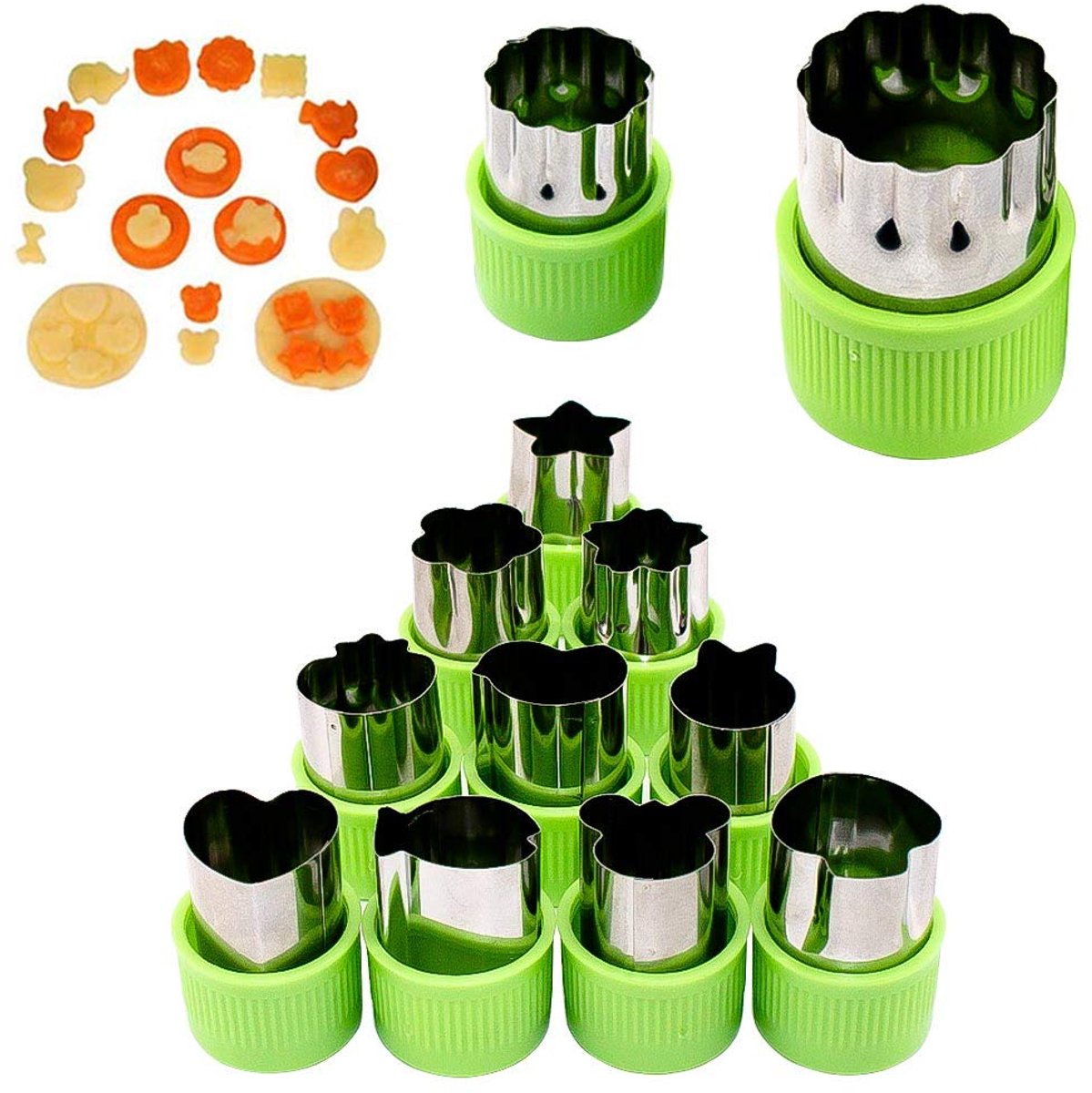 FYSL 12-delige professionele groentekoekjesvormpjes, koekjesvormpjesset van roestvrij staal voor taarten, koekjes, sushi en fruit (12 stijlen)