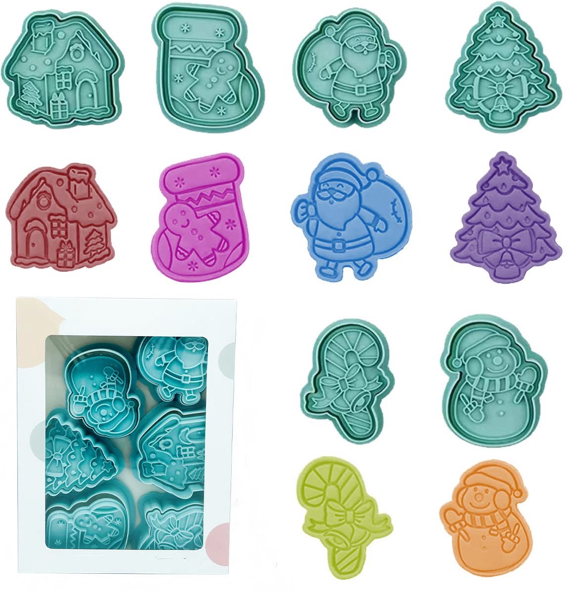 Yealoo 6 stuks kerstkoekjesvormpjes, koekjesvormpjes, kerstkoekjesvormpjes, koekjes, koekjesvormen, 3D plastic koekjesvormen met karton