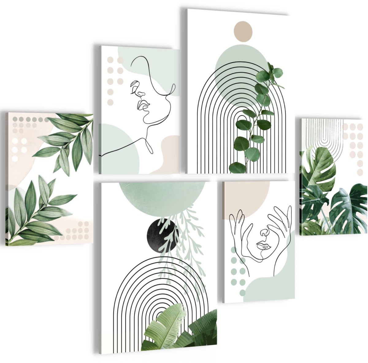 Ibenzoa Moderne Muurschilderset met Abstracte Figuren en Bladeren in Beige en Wit voor Stijlvolle Interieurs Groene bladeren