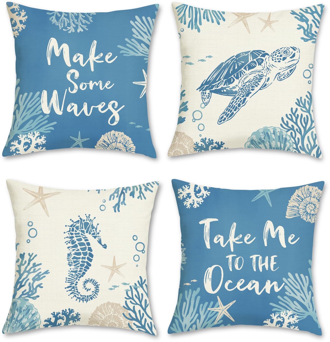 Ibenzoa Set van 4 Decoratieve Kussenslopen met Oceaanthema voor Woonkamer en Bank 45 x 45 cm blauw