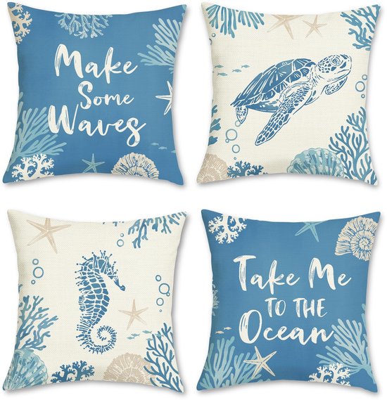 Ibenzoa® Set van 4 Decoratieve Kussenslopen met Oceaanthema voor Woonkamer en Bank 45 x 45 cm