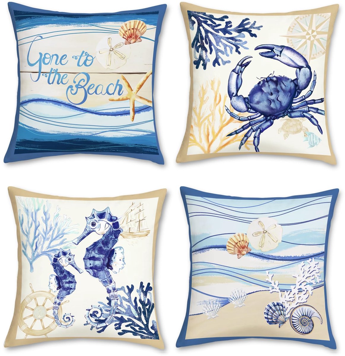 Ibenzoa Set van 4 Decoratieve Kussenslopen met Oceaan Thema, Fluweelzacht, 45 x 45 cm blauw wit