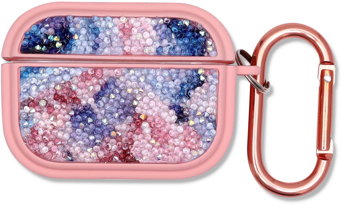 Casemania Hoesje Geschikt voor Apple AirPods Pro & Pro 2 - Roze - Diamant Marmer Glitter Cover met Ring en Sleutelhanger