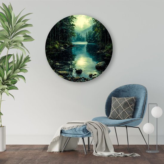Spiegelend meer in boslandschap - Natuur muurcirkels - Rond wandpaneel meer - Realisme kunststroming - Wandobject Forex rond - Slaapkamer wandkunst - muurcirkel forex 80x80 cm