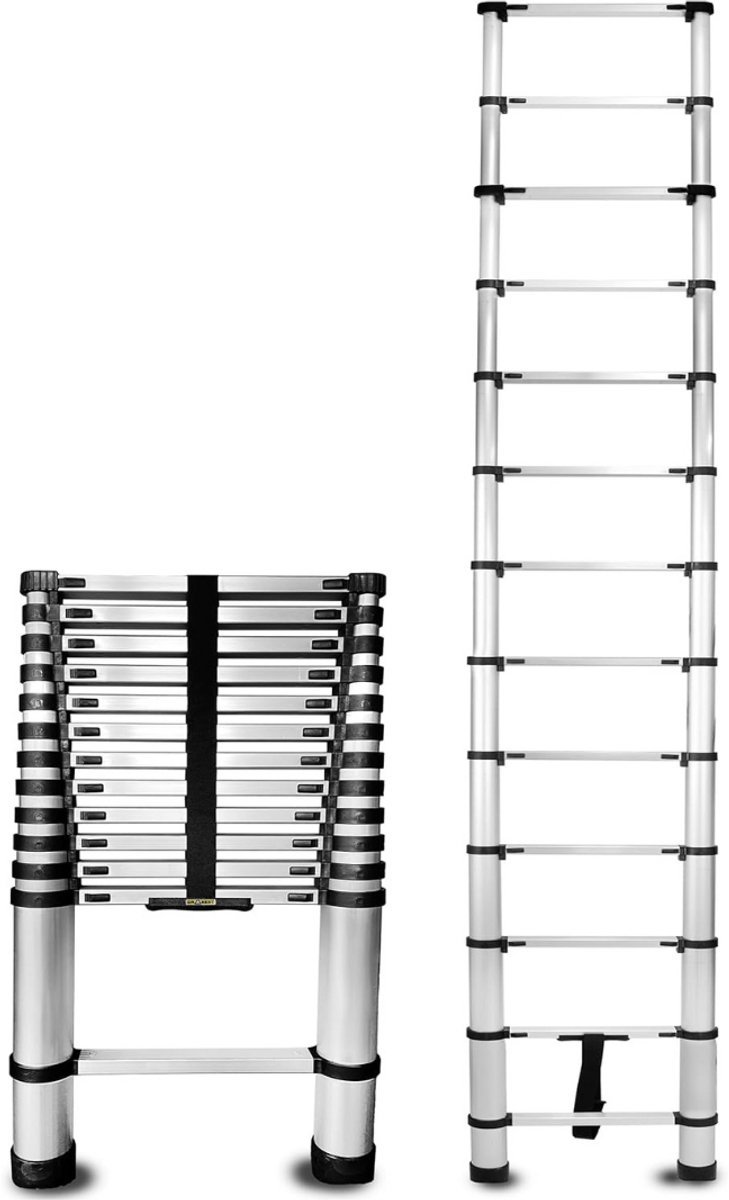 Thuys – Telescopische Ladder – Vouwladder – Uitschuifbare Ladder – 125 kg Capaciteit – 3,8m – 48 x 9 x 380cm – Zilver