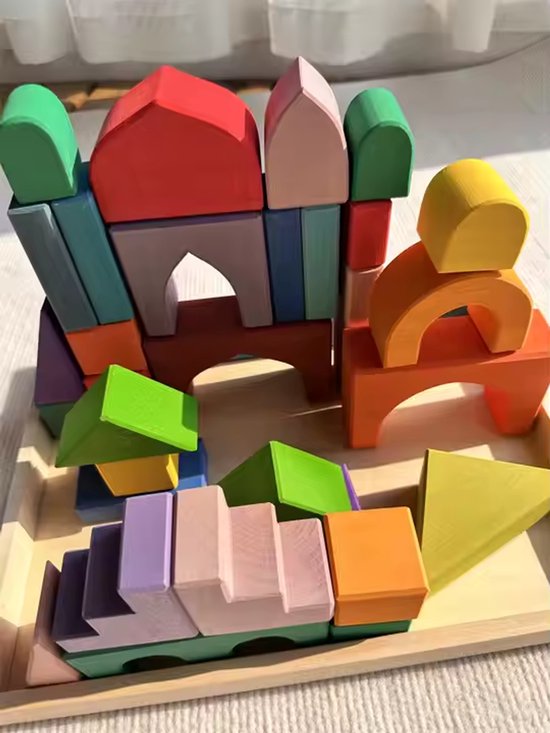 Houten blokken in tray - Regenboogkleuren - 35 blokken, 1 tray - 35 cm x 26 cm - Open einde speelgoed - Educatief montessori speelgoed - Grapat en Grimms style van Houten — afbeelding 3
