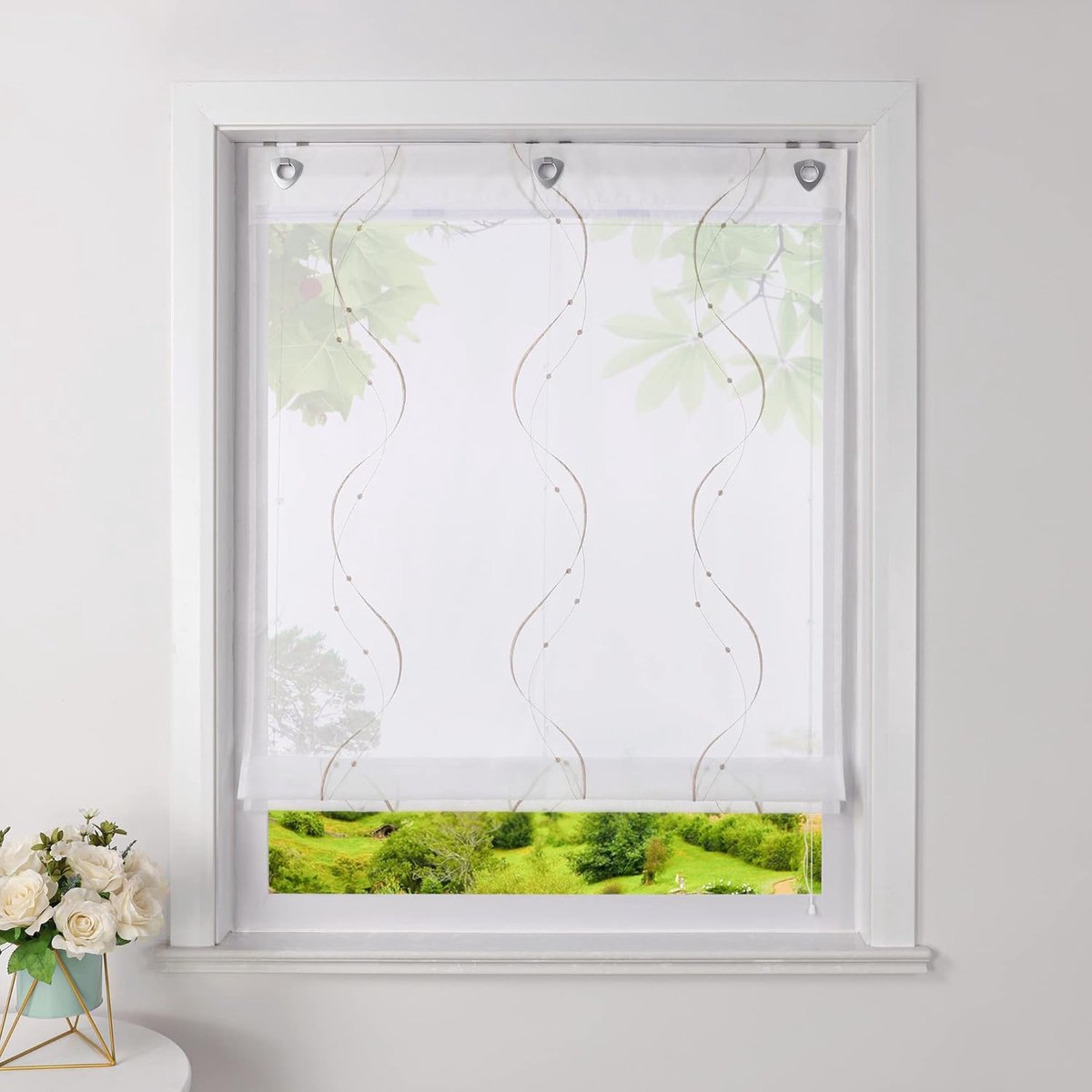 Vouwgordijn met U-haken Transparant vouwgordijnen Voile ooggordijn met borduurwerk gordijn zonder boren zand BxH 80x140cm