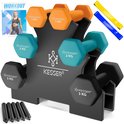 Halterrek met oranje 1kg, turquoise 2kg en zwarte 3kg halters. Inclusief fitnessbanden, springtouw en workout boekje.