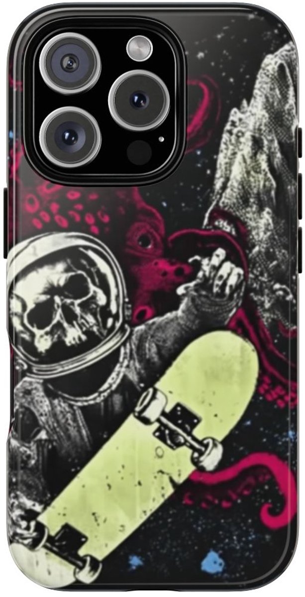 Schedel-Astronaut met Skateboard en Octopus – Telefoonhoesje Geschikt voor iPhone 16 Pro