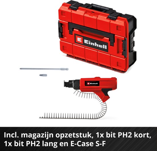 Einhell schroefmachine set met rode koffer, magazijnopzetstuk en twee bits.