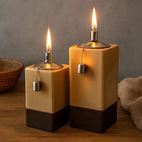 Set van 2 Luxe Keramische Olielampen voor Buiten – Beige/Bruin – 12 x 12 x 26 cm & 12 x 12 x 34 cm — afbeelding 4