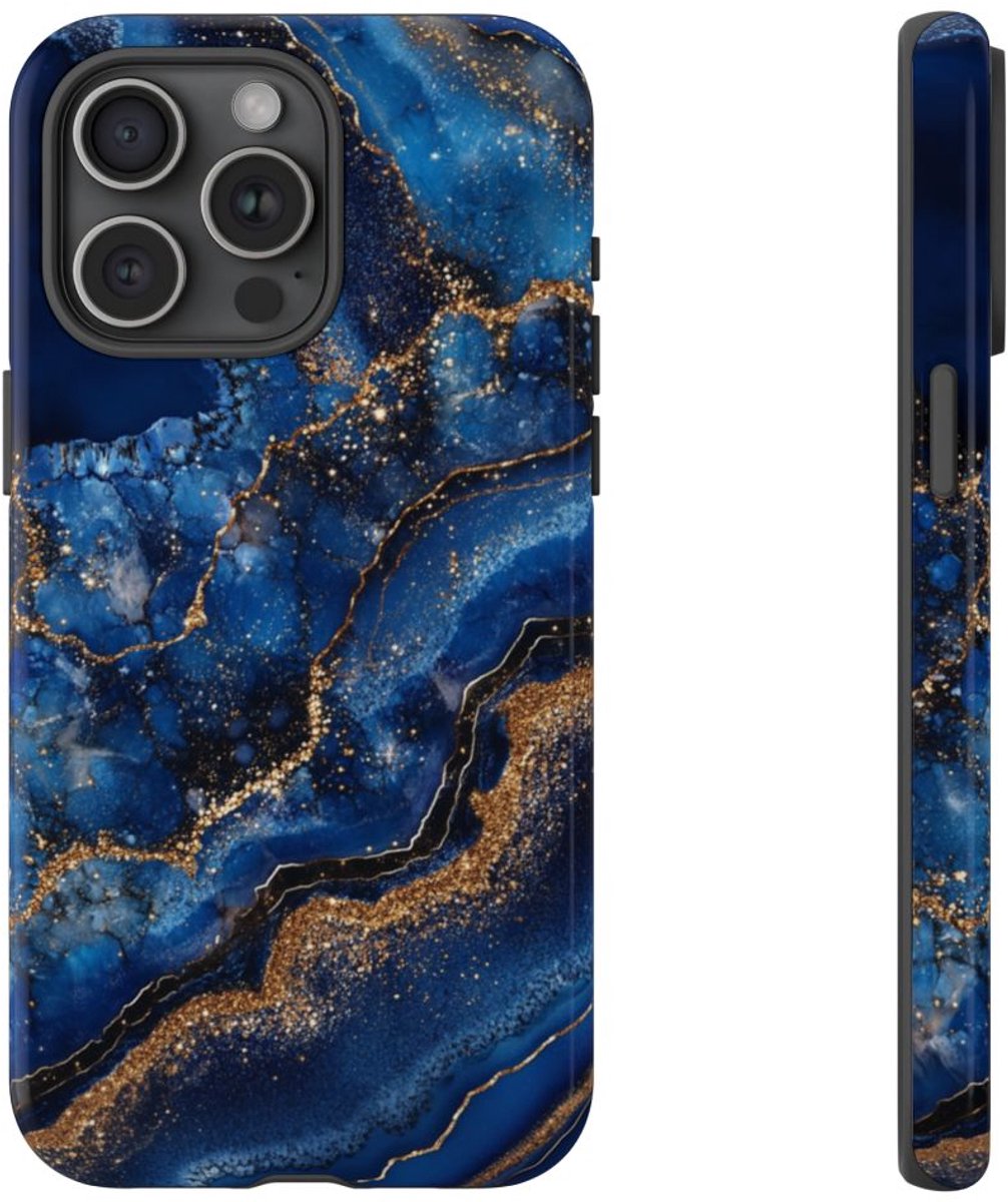 Blauw-Goud Geodepatroon – Telefoonhoesje Geschikt voor iPhone 15 Pro Max