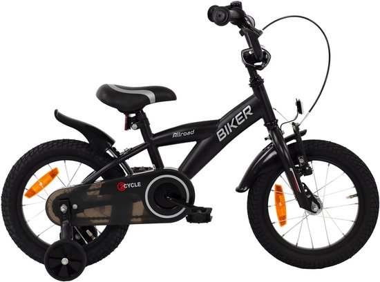 Zwarte 2Cycle Biker kinderfiets met zijwielen, een zadel met zilveren accenten en reflectoren.