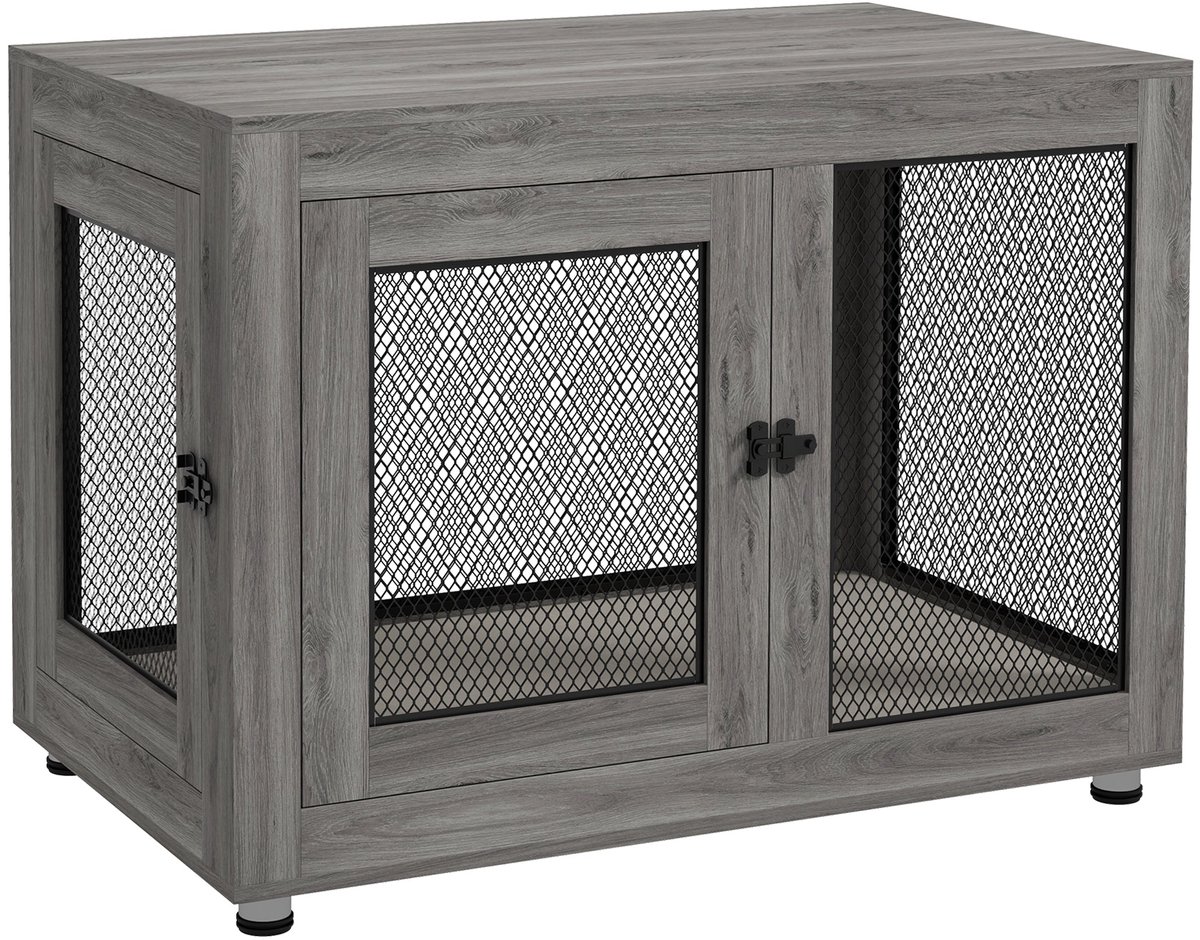 Merax Hondenbench Hout Grijs met 2 Deuren en Kussen Grote Honden tot 30 kg 94x60x71 cm