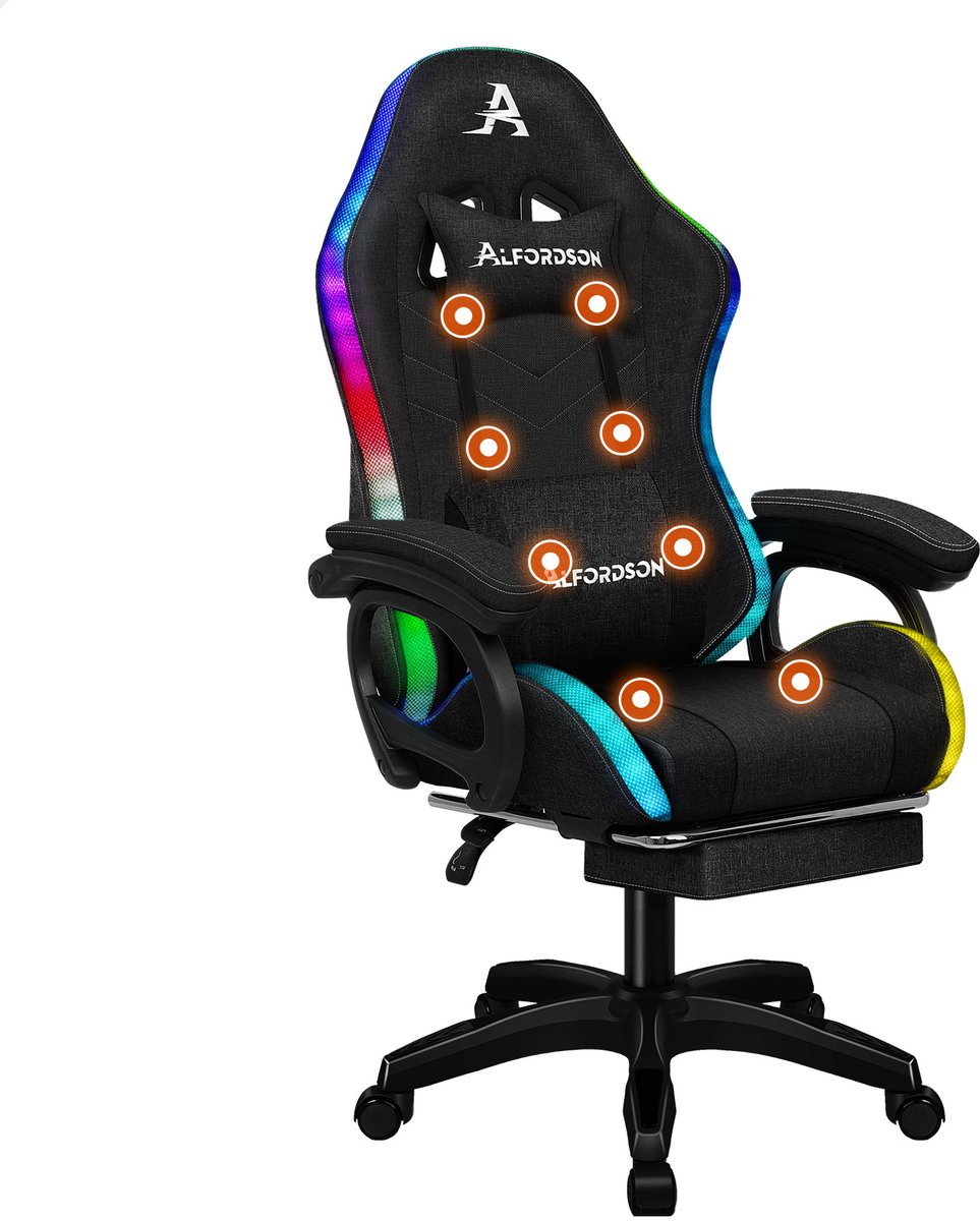Gamestoel, 12 RGB LED-kleurenafstandsbediening, armleuningen met schuifrail, intrekbare voetsteun, 8-punt massage verstelbaar kussen