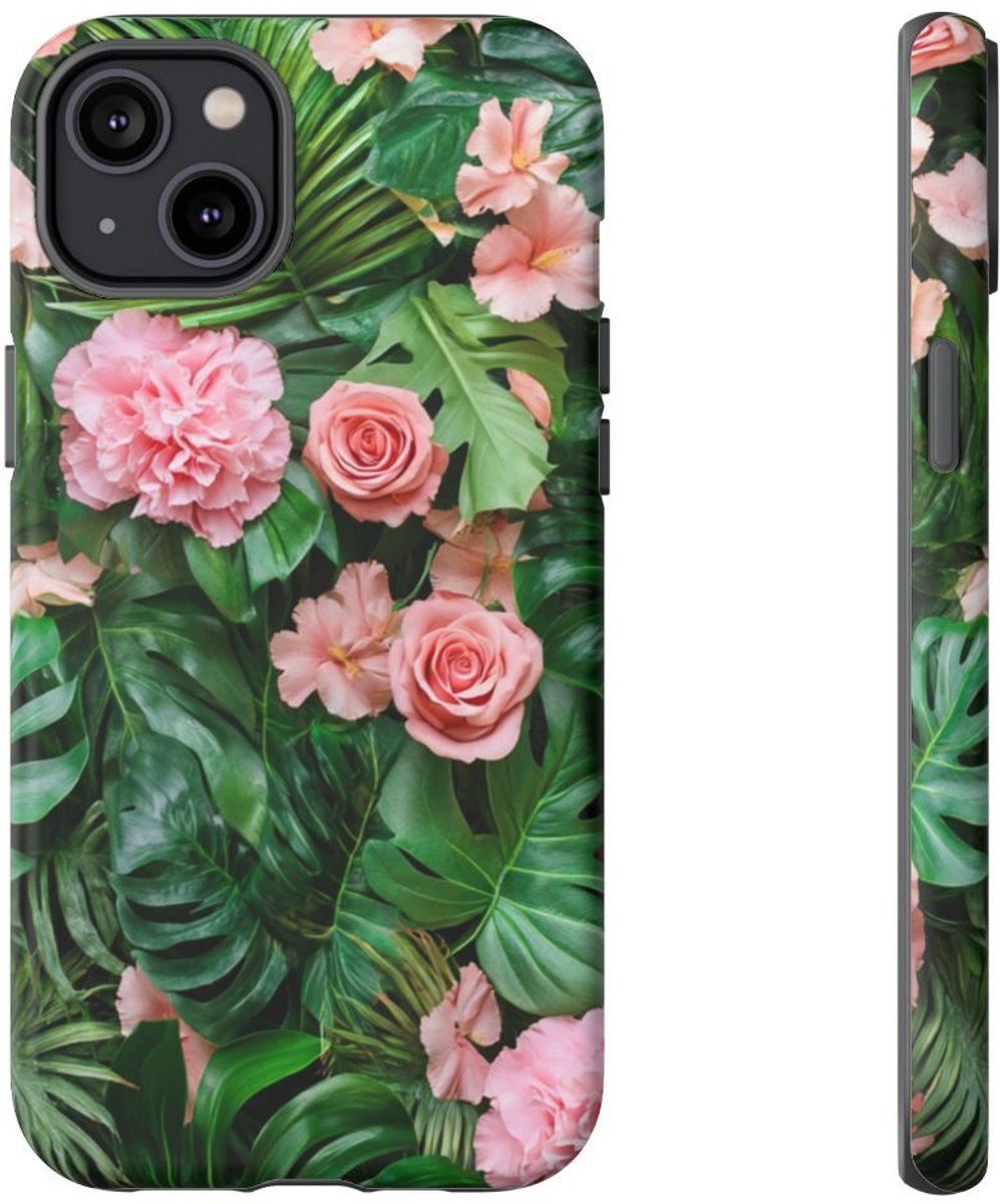 Roze Rozen en Tropische Bladeren Patroon – Telefoonhoesje Geschikt voor iPhone 14 Plus