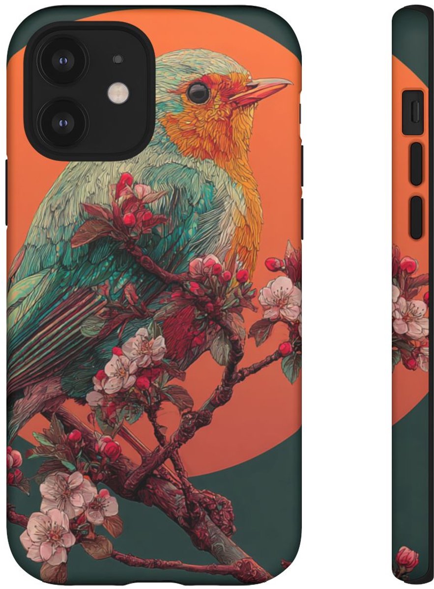 Kleurrijke Vogel met Bloesem en Oranje Maan – Telefoonhoesje Geschikt voor iPhone 12