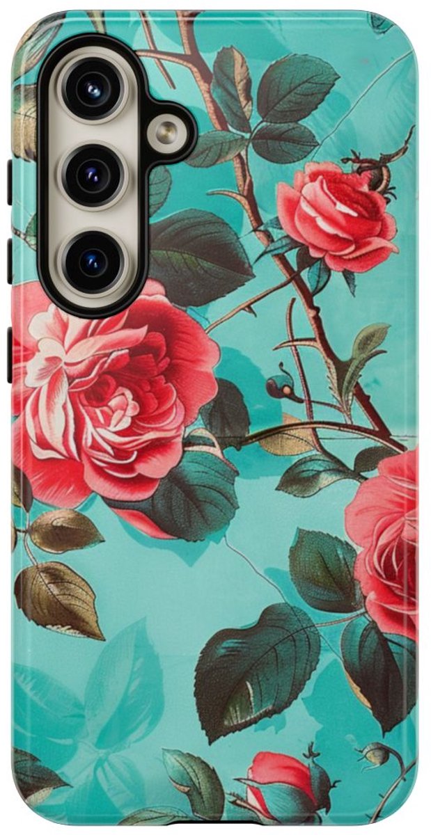 Rode Rozen op Turquoise Achtergrond – Telefoonhoesje Geschikt voor Samsung Galaxy S24
