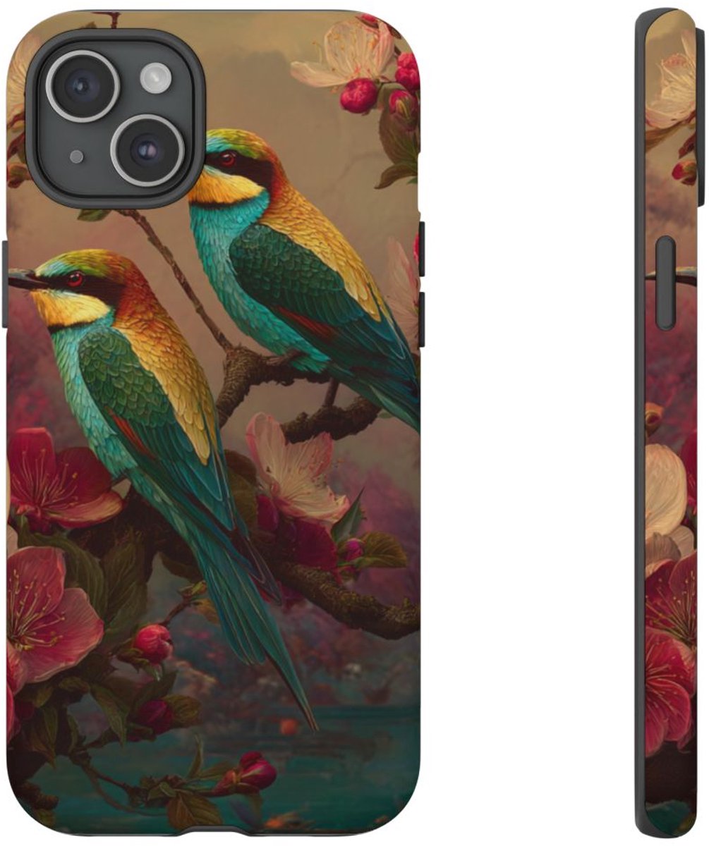 Kleurrijke Vogels op Bloesemtak – Telefoonhoesje Geschikt voor iPhone 15 Plus