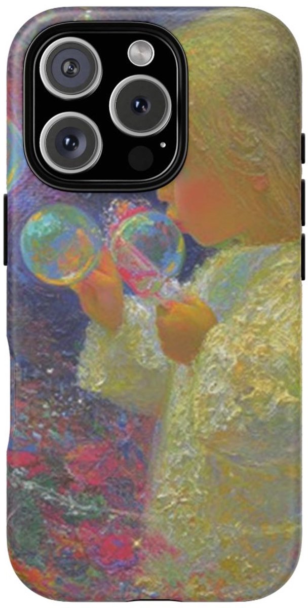Engel die Zeepbellen Blaast tussen Bloemen – Telefoonhoesje Geschikt voor iPhone 16 Pro