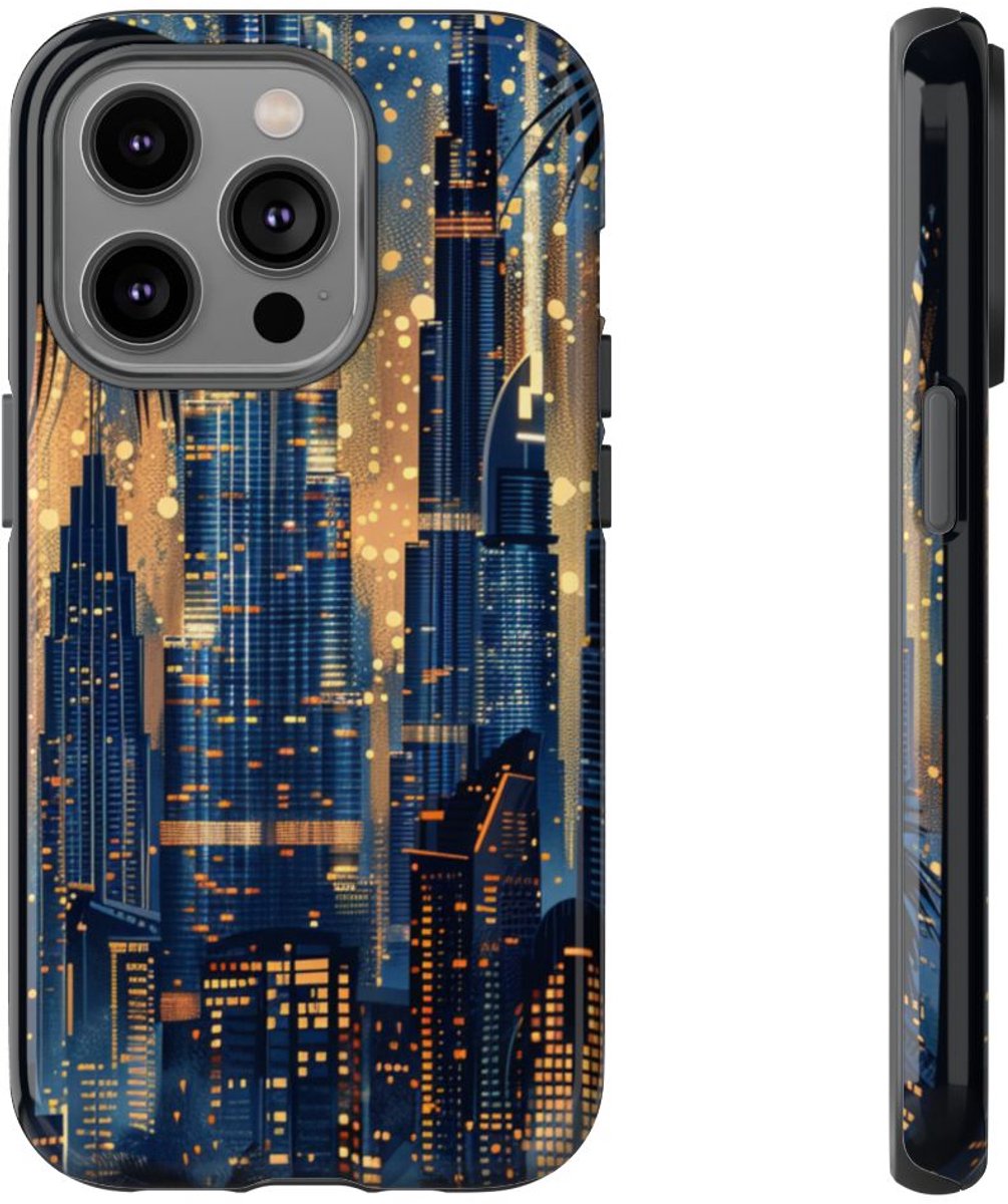 Stadssilhouet bij Nacht met Palmen – Telefoonhoesje Geschikt voor iPhone 14 Pro