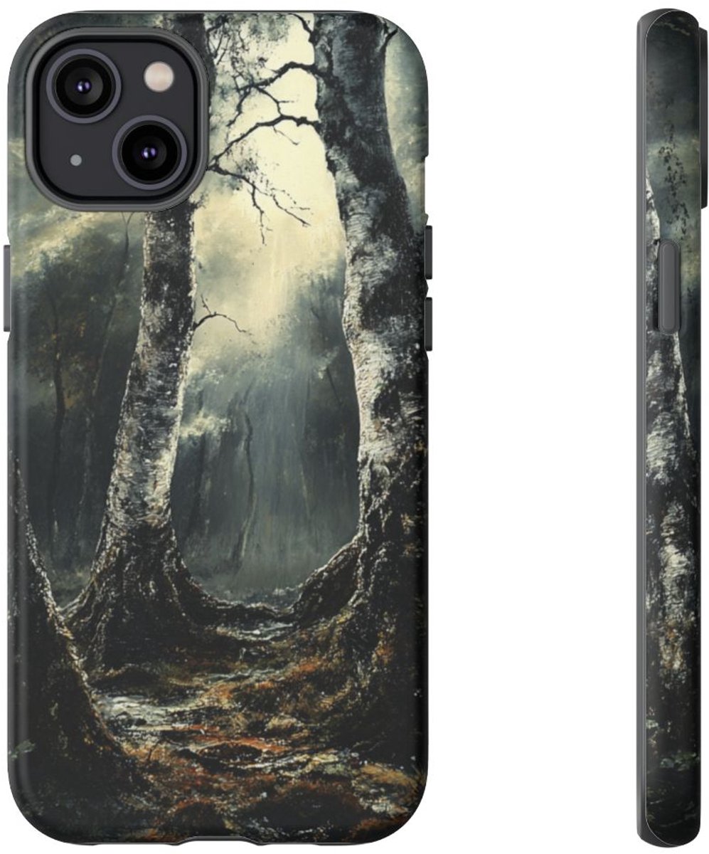 Donkere Berkenbomen in Sfeervol Bos – Telefoonhoesje Geschikt voor iPhone 14 Plus