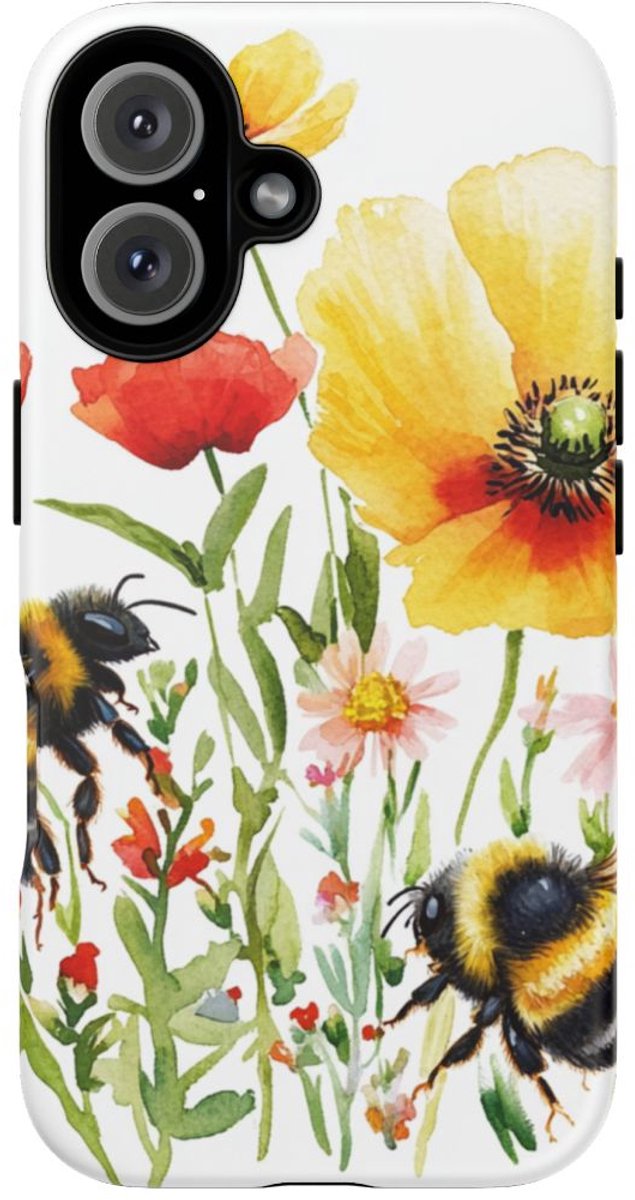 Aquarel Hommels en Wilde Bloemen – Telefoonhoesje Geschikt voor iPhone 16