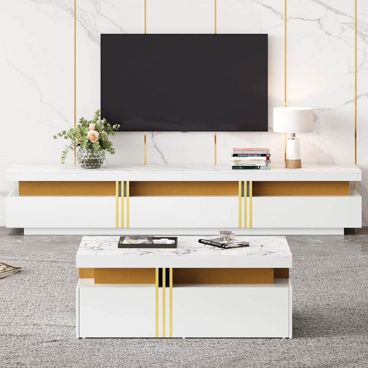 Re-purelife® Luxe Woonkamer Meubel Set – TV Meubel 200×40×42 cm + Salontafel 100×50×40 cm – TV Kast & Coffee Tafel, Stevig, Modern Design, Stijlvol Hoge Kwaliteit, Veel Opbergruimte – Wit