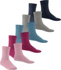 Tien paar enkellange sokken in roze, fuchsia, blauw, grijs en donkerblauw.