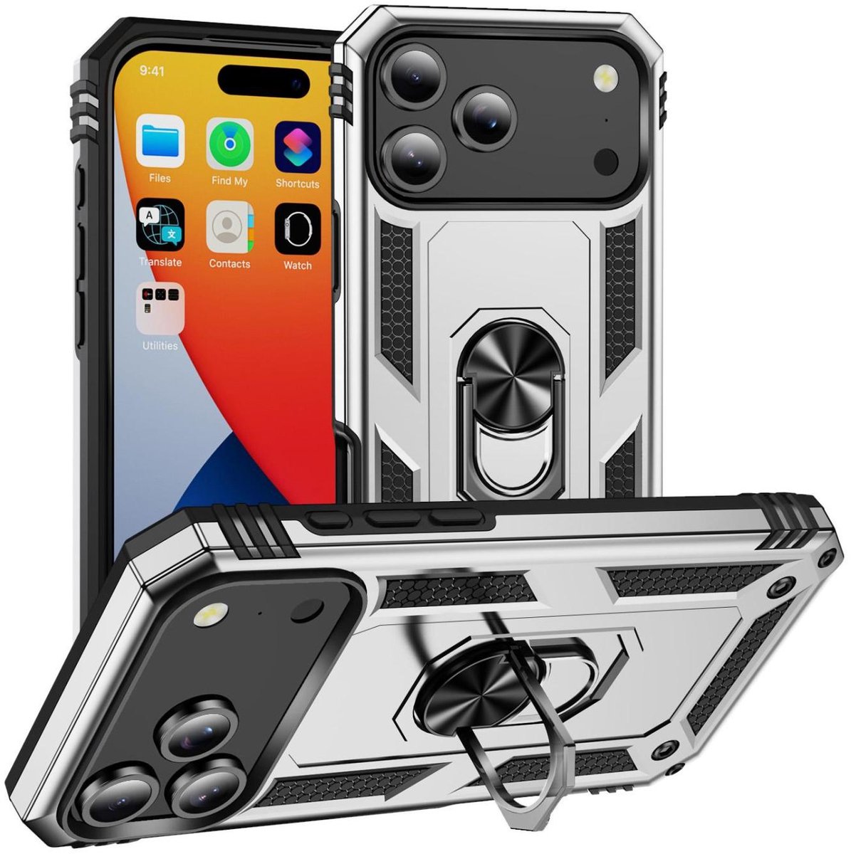 Mobigear Hoesje geschikt voor Apple iPhone 17 Pro Max Telefoonhoesje Hardcase | Mobigear Armor Ring Backcover Shockproof met Ringhouder | Schokbestendig iPhone 17 Pro Max Telefoonhoesje | Anti Shock Proof - Zilver