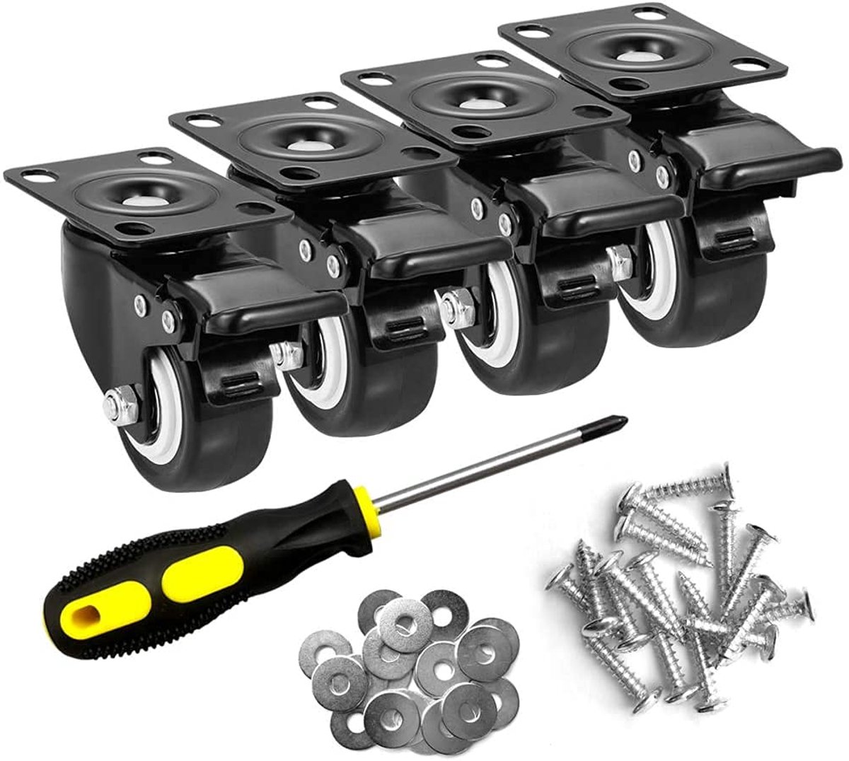 HAUSEE 4 zwenkwielen met rem, 50 mm zwenkwielen voor meubels, transportwielen met schroevendraaier, schroef, ring, meubelwielen, zware wielen voor palletmeubelen, draagvermogen 200 kg, zwart