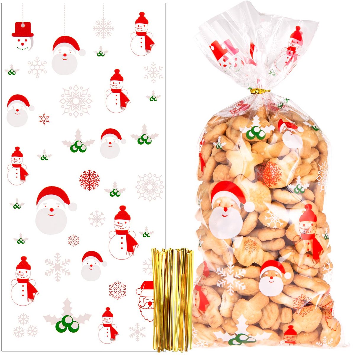 100 stuks kerstkoekjeszakken, cellofaanzakken, transparante snoeprepenzakken met sluitstrips voor snoepkoekjes